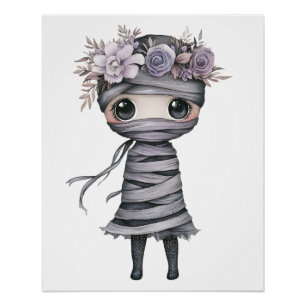 Poster Momie florale mignonne Halloween violet gothique