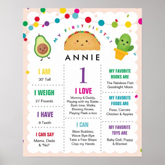 Poster Mon premier anniversaire Fiesta Fille 1 an Symbole (Devant)