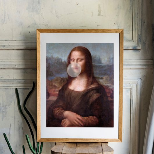 Poster Mona Lisa soufflant du chewing-gum gris