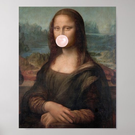 Poster Mona Lisa soufflant un bubble gum rose (Devant)