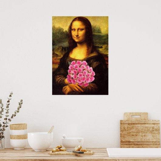 Poster Mona Lisa With Bouquet Of Pink Roses (Cuisine)