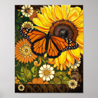 Poster Monarch Butterfly and Sunflower Vintage Collage