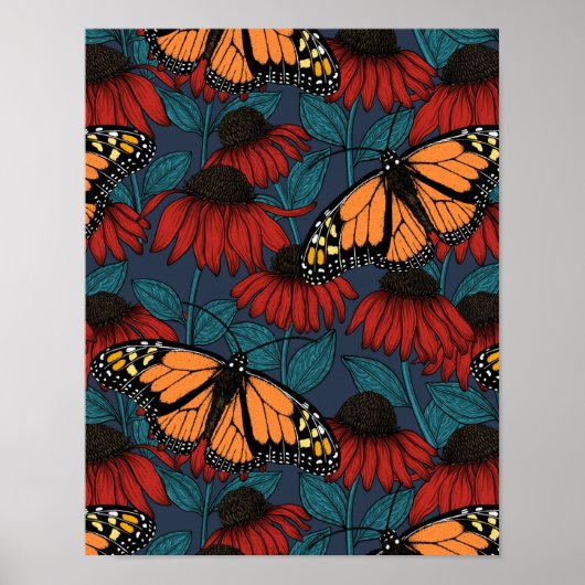 Poster Monarch butterfly on red coneflowers (Devant)