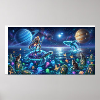Poster Monde Tortue Océan Cosmique — Art Fantastique Nord