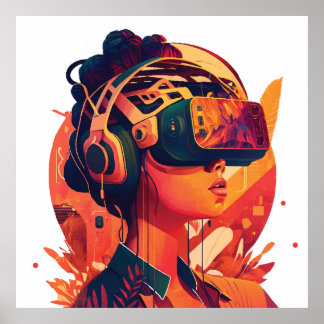 Poster Mondes virtuels : femme portant un casque VR