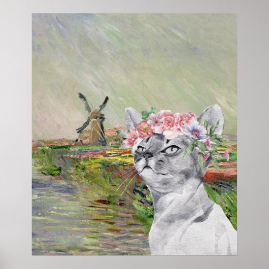 Poster Monet Champ Tulipes and Fancy Cat (Devant)