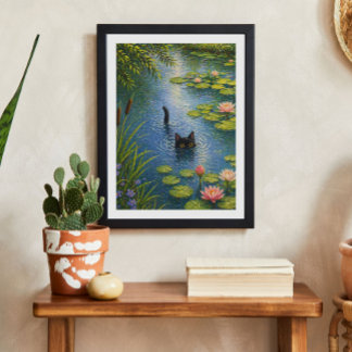 Poster Monet Inspired Water Lily Cat Art Print