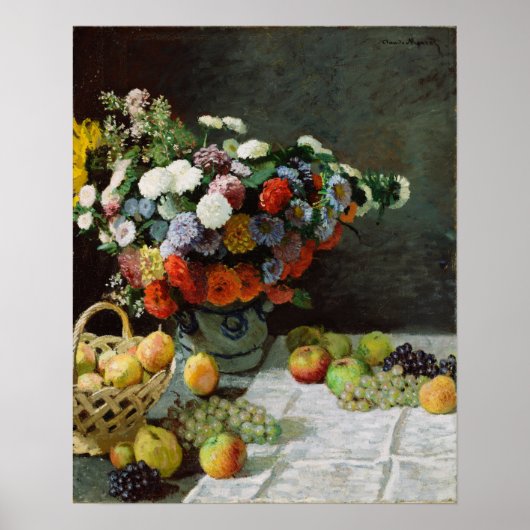 Poster Monet - Nature morte avec fleurs et fruits (Devant)