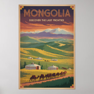 Poster Mongolie Chameaux Yourte Illustration Art de Voyag