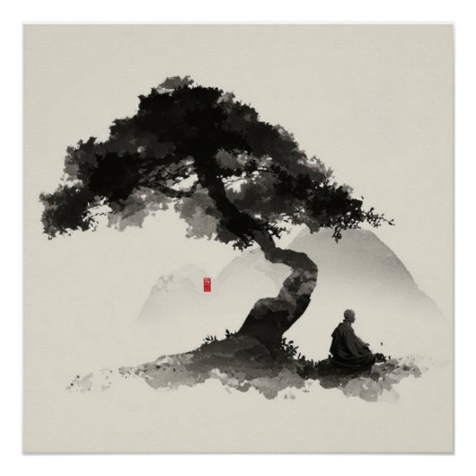 Poster Monk & Pine - Zen Ink Wall Art - Minimal Decor (Devant)