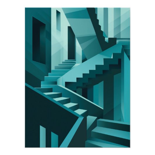 Poster Monochromatic Turquoise Isometric Staircase Maze (Devant)