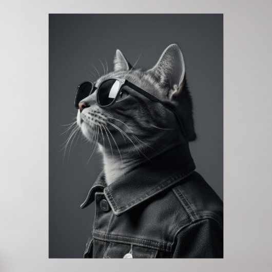 Poster Monochrome Cool Cat in Denim Jacket Portrait (Devant)