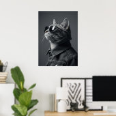 Poster Monochrome Cool Cat in Denim Jacket Portrait (Bureau à domicile)