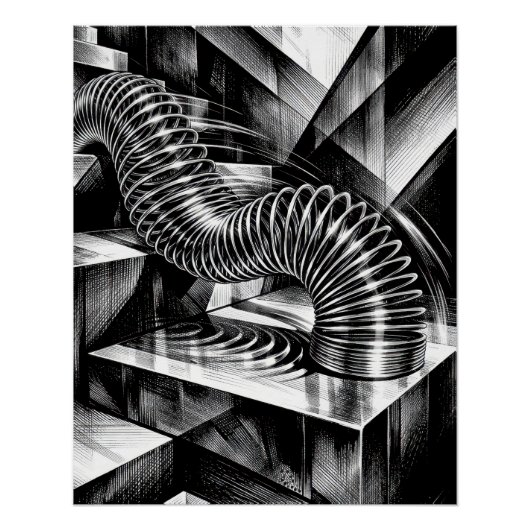 Poster Monochrome Slinky Tumbling Down Chrome Steps (Devant)