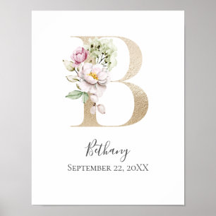 Poster Monogram B Pink White Floral Gold Letter Nursery  