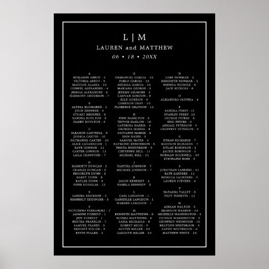 Poster Monogram Black Alphabetical Wedding Seating Chart (Devant)