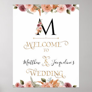 Poster Monogram Gold Floral Calligraphie Bienvenue Mariag