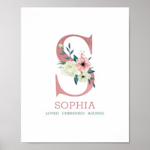 Poster Monogram Letter S Pink Watercolor Floral Nursery
