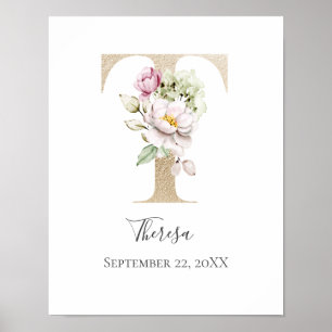 Poster Monogram T Pink White Floral Gold Letter Nursery  