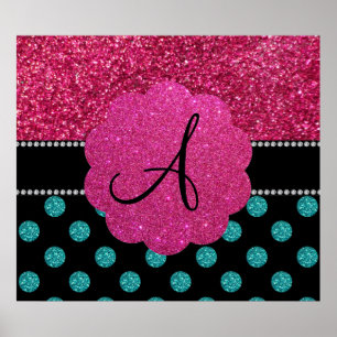 Poster Monogram turquoise and pink polka dots