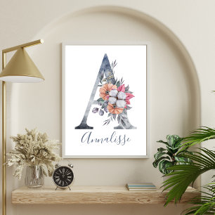 Poster Monogramme A en aquarelle florale bleue Nom