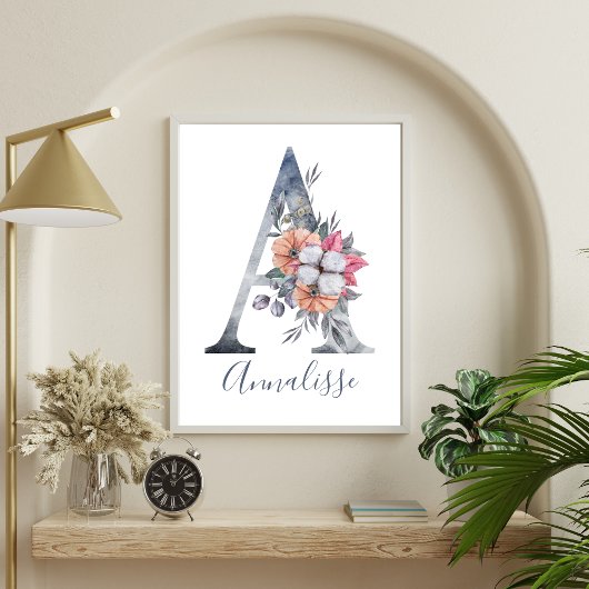 Poster Monogramme A Nom Fleur d'eau Bleue