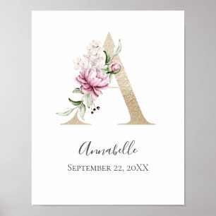 Poster Monogramme A Rose Blanc Floral Lettre Dorée Nurser
