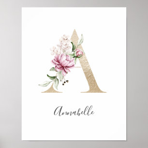 Poster Monogramme A Rose Blanc Floral Lettre Dorée Nurser