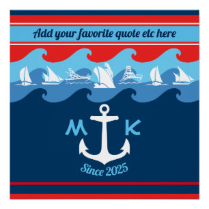 Poster Monogramme Ancre Vagues Bateau Rouge Blanc Bleu Na