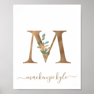 Poster Monogramme aquarelle floral lettre M or