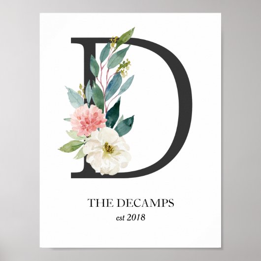 Poster Monogramme Art Print, Lettre D, Mariage, Pépinière (Devant)