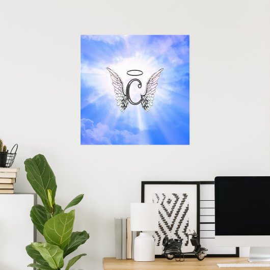 Poster Monogramme C Initiale Avec Ailes Angelles, Nuages (Bureau à domicile)