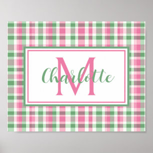 Poster Monogramme carreaux rose et vert Prépa