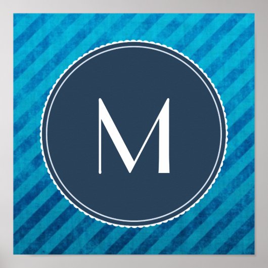 Poster Monogramme circulaire sur bandes diagonales bleues (Devant)
