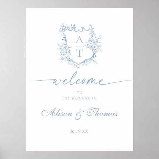Poster Monogramme classique Dusty Blue Mariage Bienvenue (Devant)