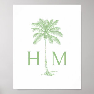 Poster Monogramme d'arbre de palmier vert et blanc Palmet