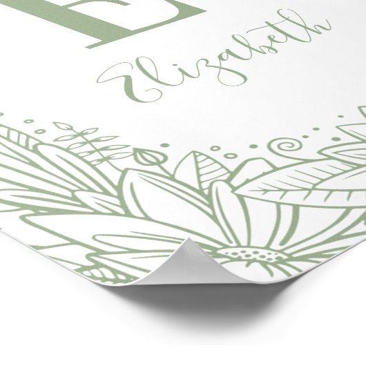 Poster Monogramme de bébé floral rustique. Pépinière vert (Coin)