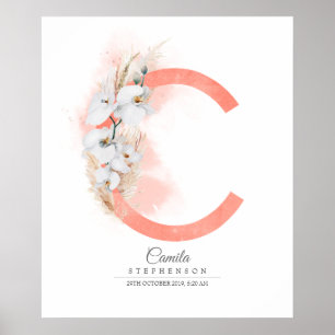Poster Monogramme de lettre C Orchidées blanches et herbe