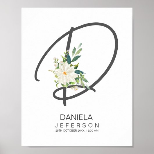 Poster Monogramme de lettre D Décor floral rose (Devant)