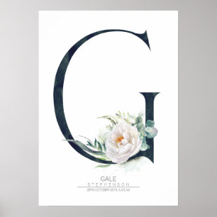 Poster Monogramme de lettre G Fleurs blanches et feuillag