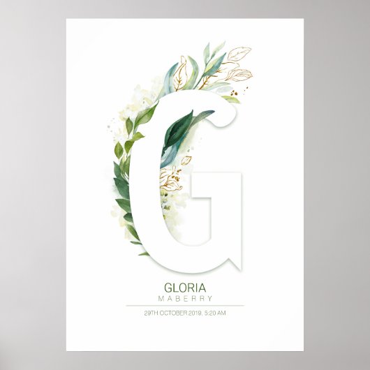 Poster Monogramme de lettre G or feuillage verdure Chic (Devant)