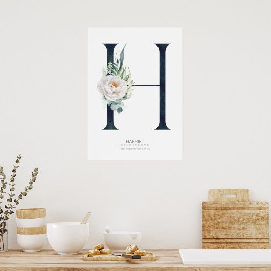 Poster Monogramme de lettre H Fleurs blanches et feuillag (Cuisine)