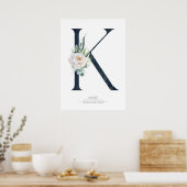 Poster Monogramme de lettre K Fleurs blanches et feuillag (Cuisine)