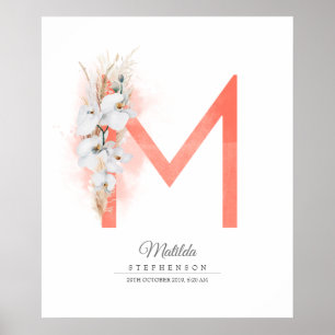 Poster Monogramme de lettre M Orchidées blanches et herbe