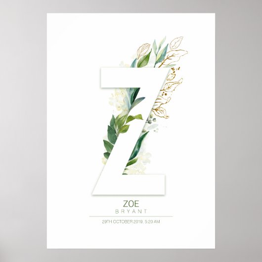 Poster Monogramme de lettre Z Or Feuillage de verdure Rêv (Devant)