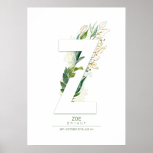 Poster Monogramme de lettre Z or feuillage verdure rêveur