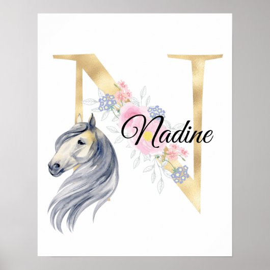 Poster Monogramme de nom personnalisé N avec cheval (Devant)
