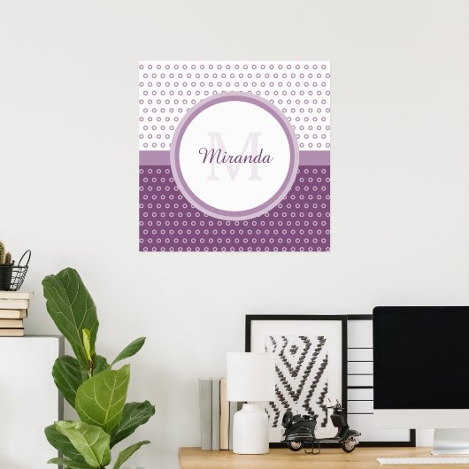 Poster Monogramme de Pois mod violet et blanc avec nom (Bureau à domicile)