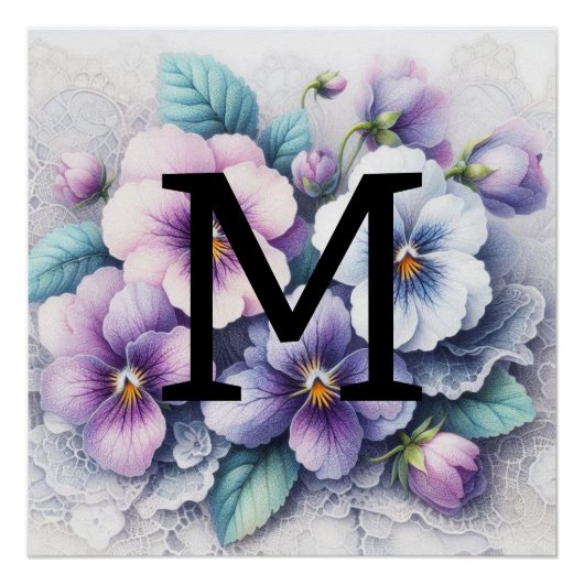 Poster Monogramme dentelle fleurie rose pourpre vitres fl (Devant)