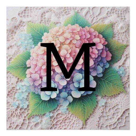 Poster Monogramme dentelle rose purée hydrangée fleurs (Devant)